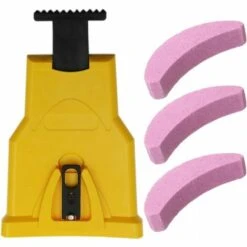 BRIDAY Aiguiseur De Dents Pour Tronçonneuse,Aiguiseur Automatique(1Pcs), Pierre à Aiguiser Remplaçable(3 Pcs), Ajustement Barre De Guidage Avec 2 Trous De Guidage (Jaune)