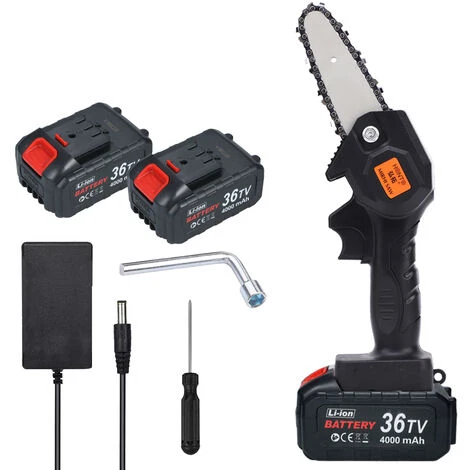 HAPPYSHOPPING Mini Tronçonneuse De 4 Pouces, Petite Scie Abois, Scie Forestiere De Jardin, Norme Europeenne Noire, 4000 Mah Avec Deux Batteries Et Un Chargeur - 4000 Mah Avec Deux Batteries Et Un Chargeur
