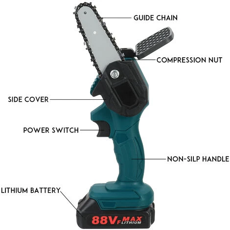 AUGIENB 800W Mini Scie à Chaine électrique Sans Fil 4 Pouces Portable Tron?onneuse à Batterie Sans Fil Avec 2 Batterie 88V 2500mah – Image 4