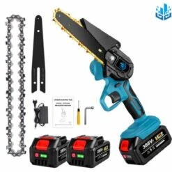Scie à Chaîne électroportative 1200W Mini Tronçonneuse à Batterie - 6 Pouces Sans Fil Pour Makita - Vitesse Réglable Pour La Coupe Du Bois - Onevan - Bleu Avec 2 Batteries