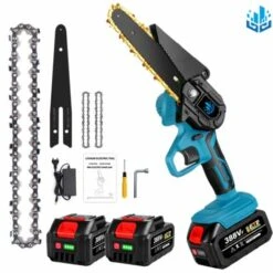 Scie à Chaîne électroportative 1200W Mini Tronçonneuse électrique Onevan - 6 Pouces Sans Fil Pour Makita - Vitesse Réglable Pour La Coupe Du Bois - Bleu Avec 2 Batteries 2 Chaînes