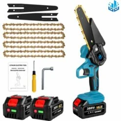 Scie à Chaîne électroportative 1200W ONEVAN - Mini Tronçonneuse électrique - Sans Fil 6 Pouces Pour Makita 18V - Vitesse Réglable Pour La Coupe Du Bois - Bleu Avec 2 Batteries, 4 Chaînes Or Et 2 Guide