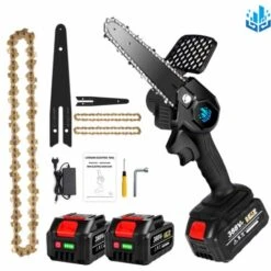 Scie à Chaîne électroportative | Tronçonneuse à Batterie 1200W ONEVAN - Mini Tronçonneuse électrique - Sans Fil 6 Pouces Pour Makita 18V - Vitesse Réglable Pour La Coupe Du Bois - Noir Avec 2*batteries, 2*chaînes Or Et 1*guide