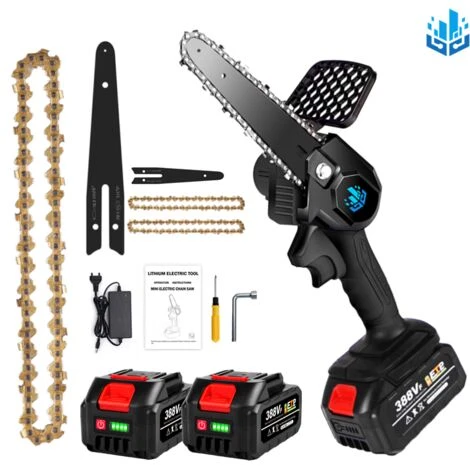 Scie à Chaîne électroportative | Tronçonneuse à Batterie 1200W ONEVAN - Mini Tronçonneuse électrique - Sans Fil 6 Pouces Pour Makita 18V - Vitesse Réglable Pour La Coupe Du Bois - Noir Avec 2*batteries, 2*chaînes Or Et 1*guide