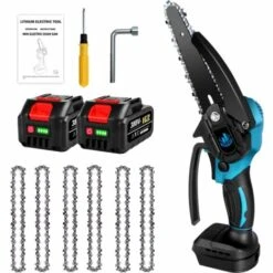 Scie à Chaîne électroportative Brushless 6 Pouces 1200W ONEVAN Mini Tronçonneuse électrique Sans Fil Pour Makita 18V | Vitesse Réglable Pour La Coupe Du Bois - Avec 2*Batteries+6*chaine