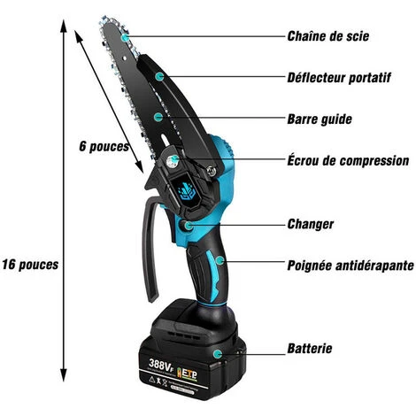 Tronçonneuse à Batterie Scie à Chaîne électroportative 1200W | Mini Tronçonneuse électrique Sans Fil ONEVAN - Pour Makita 18V Batterie - Vitesse Réglable Pour La Coupe Du Bois - Avec 2*Batteries+8*chaînes – Image 2