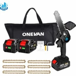 Scie à Chaîne électroportative Sans Fil | Tronçonneuse à Batterie 6” 1200W ONEVAN - Mini Tronçonneuse Pour Makita 18V Batterie - Noir - Avec 2*batterie+6*chaine Or+1*sac