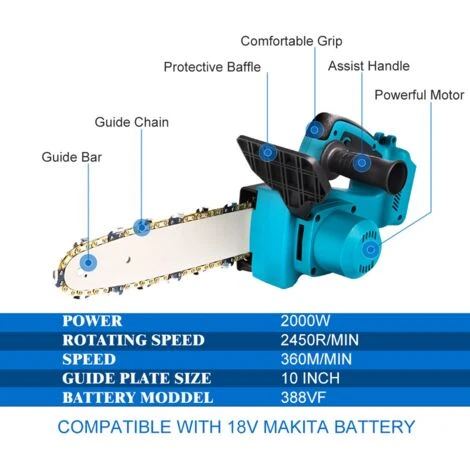 ONEVAN Tronçonneuse à Batterie 10” 18V - Scie à Chaîne Tronçonneuse électrique Sans Fil Brushless Moteur - Convient Pour Makita 18V Batterie - Avec 2*batterie – Image 2
