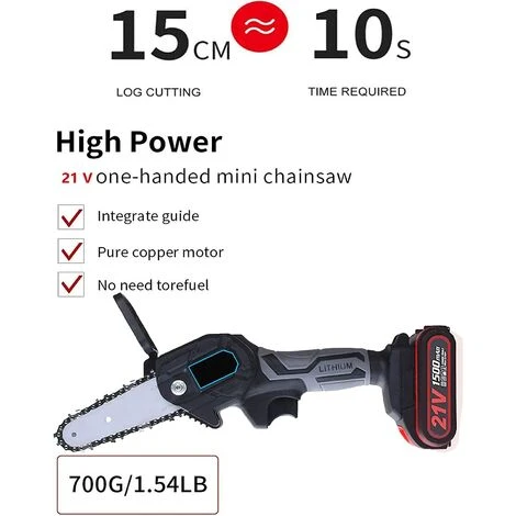 JOORRT Mini Tronconneuse Electrique A Batterie 1500mAh Rechargeable Sans Fil Avec Chargeur Mini Tronçonneuse Sans Fil De 4 Pouces 21V Puissant 6m/s 2 Batterie 2 Chaîne 2 Guidage – Image 2