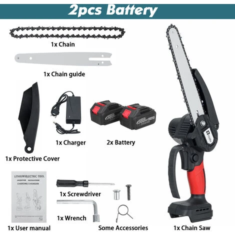 AUGIENB Scie à Chaine Tron?onneuse à Batterie à Batterie élagueuse Sans Fil Wolike 8" 18V 10000RPM Scie à Chaine Scie à Buche électrique 2 Batteries Rouge – Image 2
