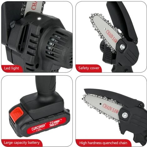 Mini Tronçonneuse A Batterie, CURCONSA Mini Tronçonneuse De 4 Pouces, Petite Tronconneuse Electrique Avec Batterie 2Ah, Chargeur Pour Coupe De Bois, Agriculture, Jardin Et Cour â Image 3