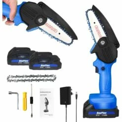 DAY PLUS Scie à Chaîne Sans Fil 21 V, Tronçonneuse électrique à Piles De 10,2 Cm Avec Deux Batteries Lithium-ion De 1,5 Ah Et Un Chargeur, Mini Tronçonneuse Portable Légère à Commande à Une Main Pour Couper Des Branches D'arbres