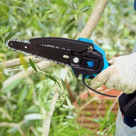 Tronçonneuse à Batterie Mini Scie à Chaîne électroportative 1200W ONEVAN , Mini Tronçonneuse électrique Sans Fil 6 Pouces Pour Makita 18V - Vitesse Réglable Pour La Coupe Du Bois - Bleu - Avec 2*batteries + 4*chaines Or + 2*guide – Image 5