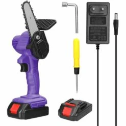 TANCYCO Scies D'élagage électriques à Batterie Au Lithium Rechargeable 21 V 4 Pouces Petit Moteur De Brosse De Tronçonneuse à Fendre Le Bois Outil électrique à Une Main Pour Le Travail Du Bois (Violet)