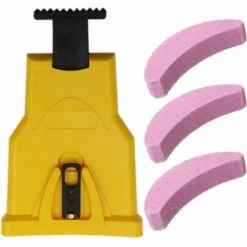 TANèTUE Aiguiseur De Dents Pour Tronçonneuse,Aiguiseur Automatique(1Pcs), Pierre à Aiguiser Remplaçable(3 Pcs), Ajustement Barre De Guidage Avec 2 Trous De Guidage (Jaune)