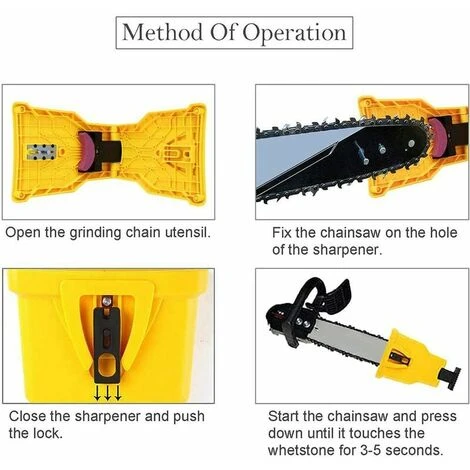 TANèTUE Aiguiseur De Dents Pour Tronçonneuse,Aiguiseur Automatique(1Pcs), Pierre à Aiguiser Remplaçable(3 Pcs), Ajustement Barre De Guidage Avec 2 Trous De Guidage (Jaune) – Image 3