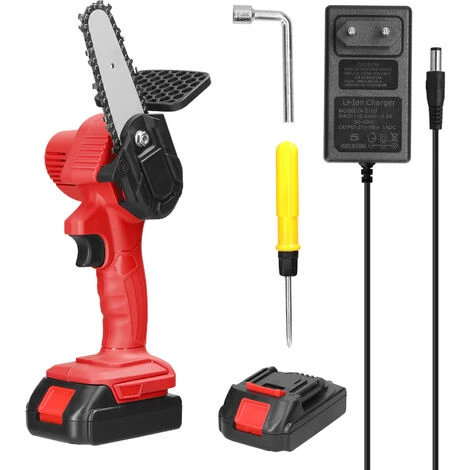 LIFCAUSAL Scies à élaguer électriques à Batterie Au Lithium Rechargeable 21V 4 Pouces Portable Petit Moteur De Brosse De Tronçonneuse à Fendre Le Bois Outil électrique à Une Main Pour Le Travail Du Bois Pour Jardin Verger Deux Batteries Et Une Charge, Rouge